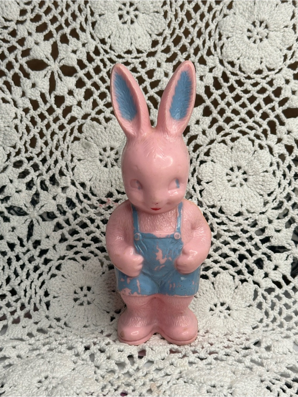 Mid Century Pink Bunny Figurine with Blue Overalls, Vintage Easter